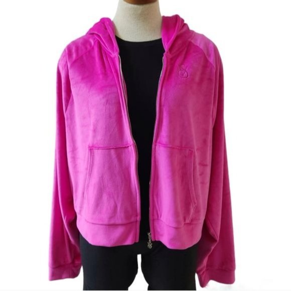 VICTORIA'S SECRET Hot Pink Velour cropped  Zip Up Hoodie Size XXL - Picture 5 of 13